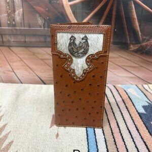 Full Quill Ostrich Print Leather Checkbook Wallet with Rooster Concho